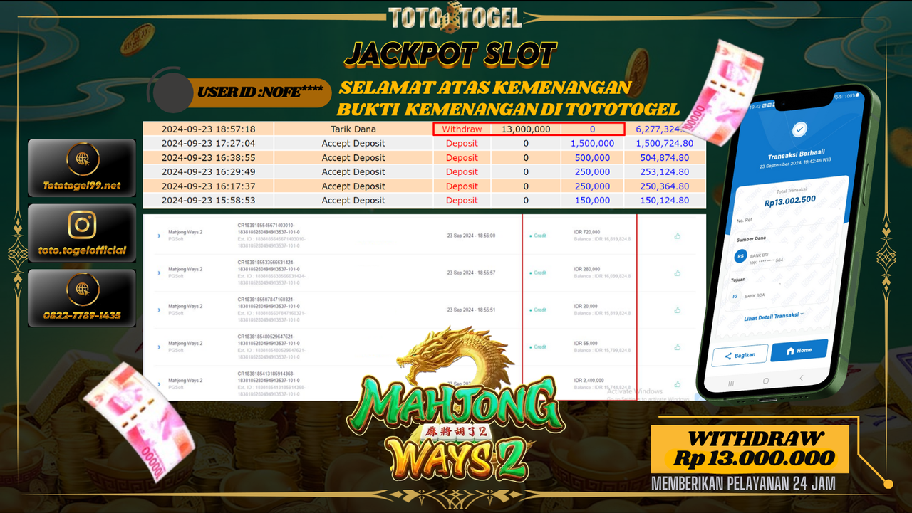 Bukti Kemenangan Permainan SLOT Dengan ID : NOFE*** Terbayar Lunas!!