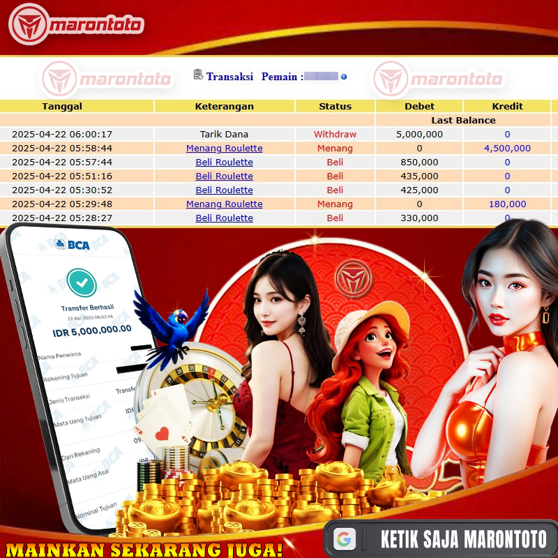 Bukti Kemenangan Member Marontoto Sebesar 5,000,000 JuTa