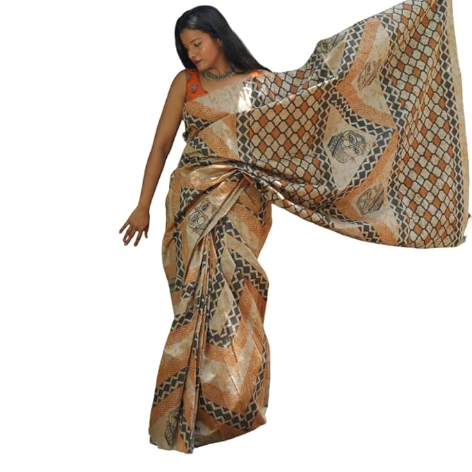 Hand Block Printed Akaroa Beige Saree with Ethnic Lady Face and Geometric Patterns