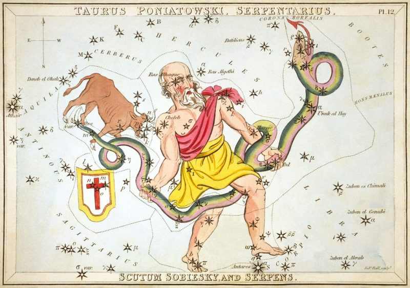 Ophiuchus memegang ular, Serpens, seperti yang digambarkan dalam Urania's Mirror, satu set kartu rasi bintang yang diterbitkan di London c. 1825.
