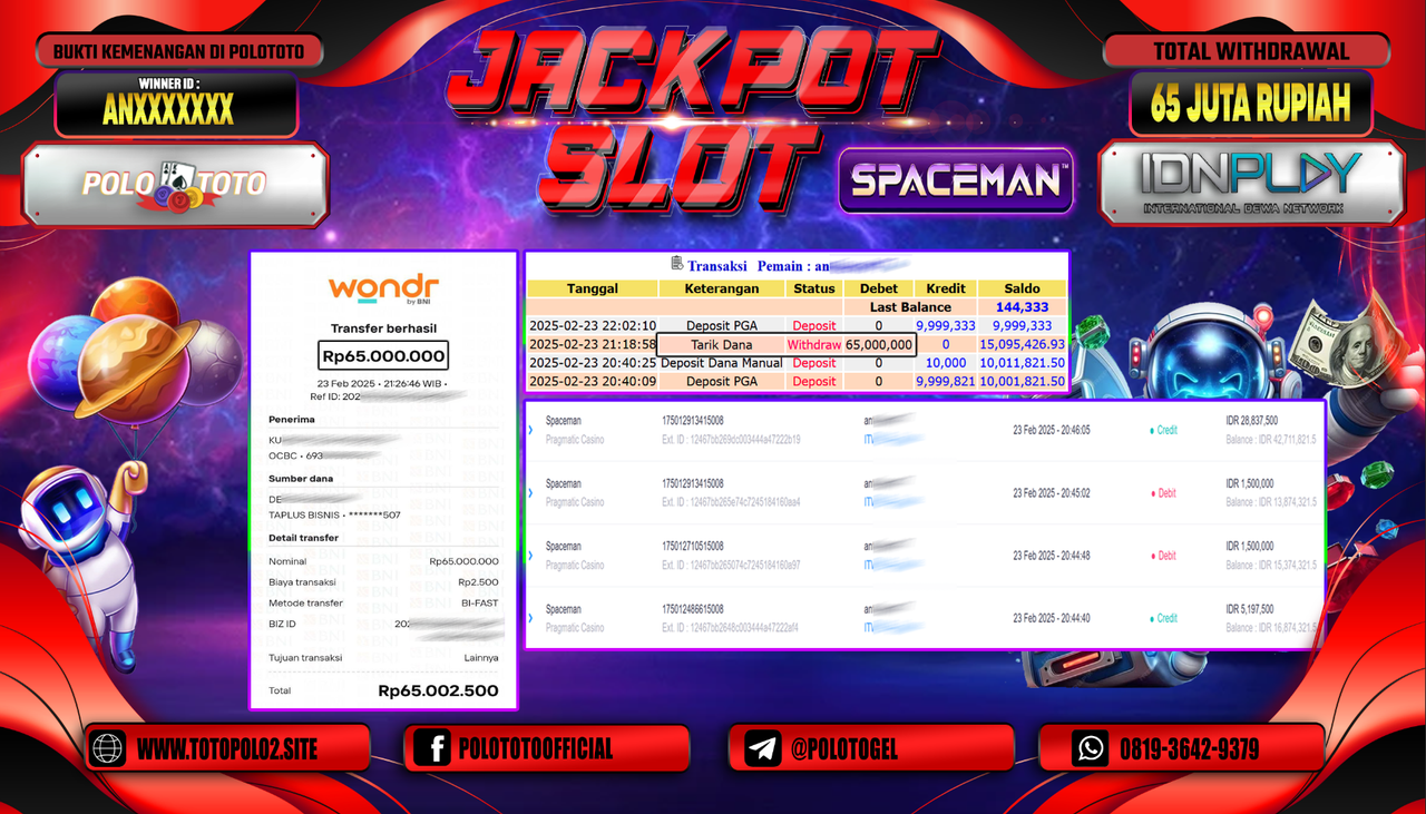POLOTOTO JACKPOT SLOT SPACEMAN Rp.65.000.000,- LUNAS