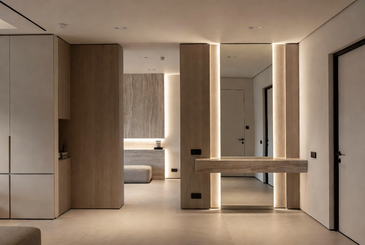 Contemporary bathroom with natural textures and soft lighting.