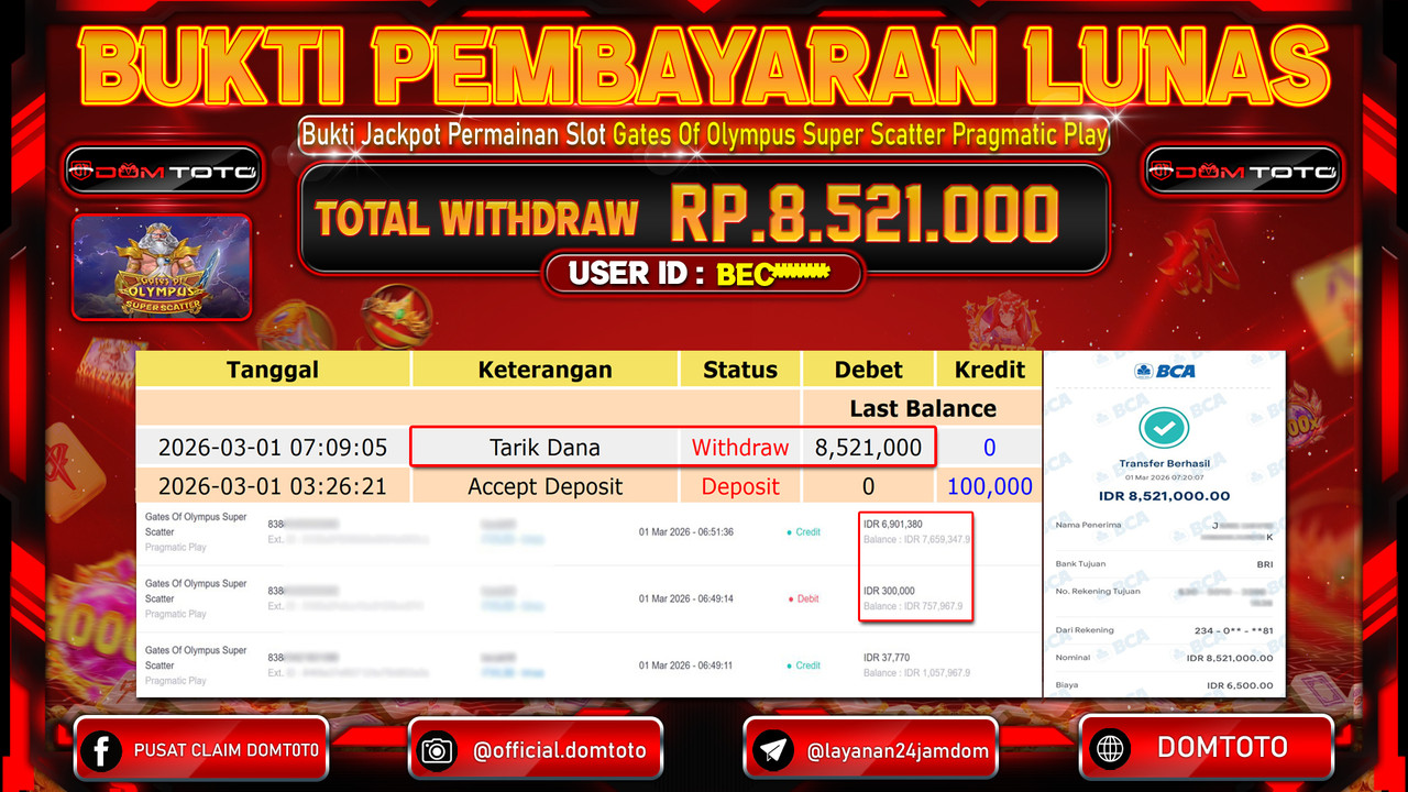 JACKPOT SLOT Gates Of Olympus Super Scatter Pragmatic Play 01 MARET 2026