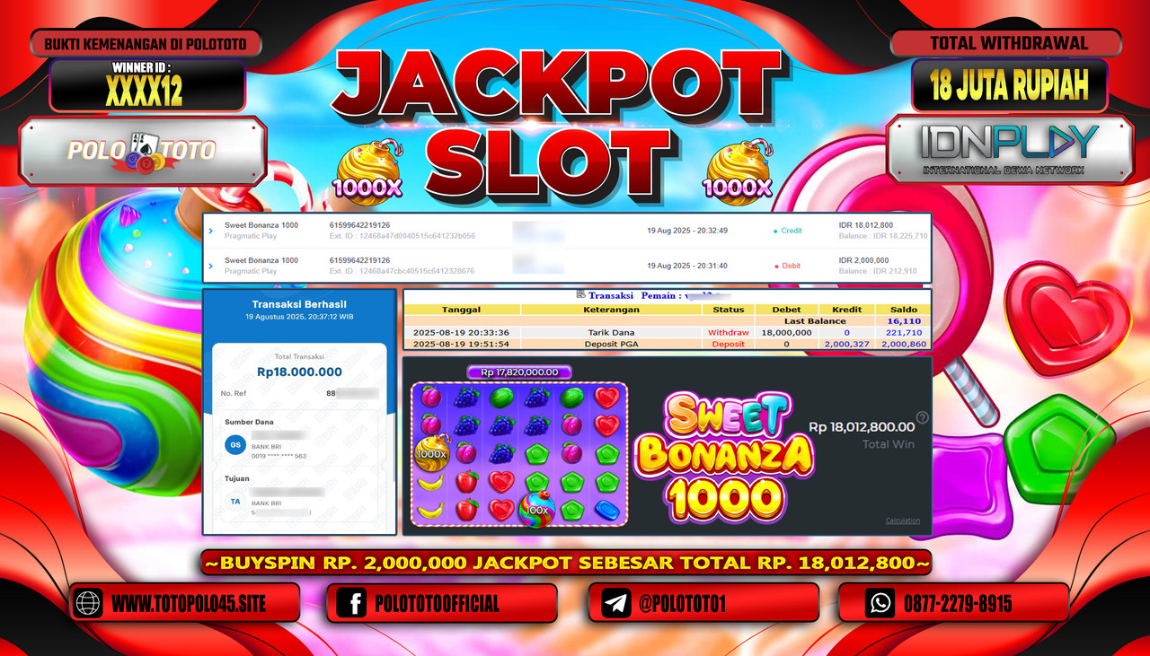 POLOTOTO JACKPOT SLOT SWEET BONANZA 1000 Rp.18.000.000,- LUNAS