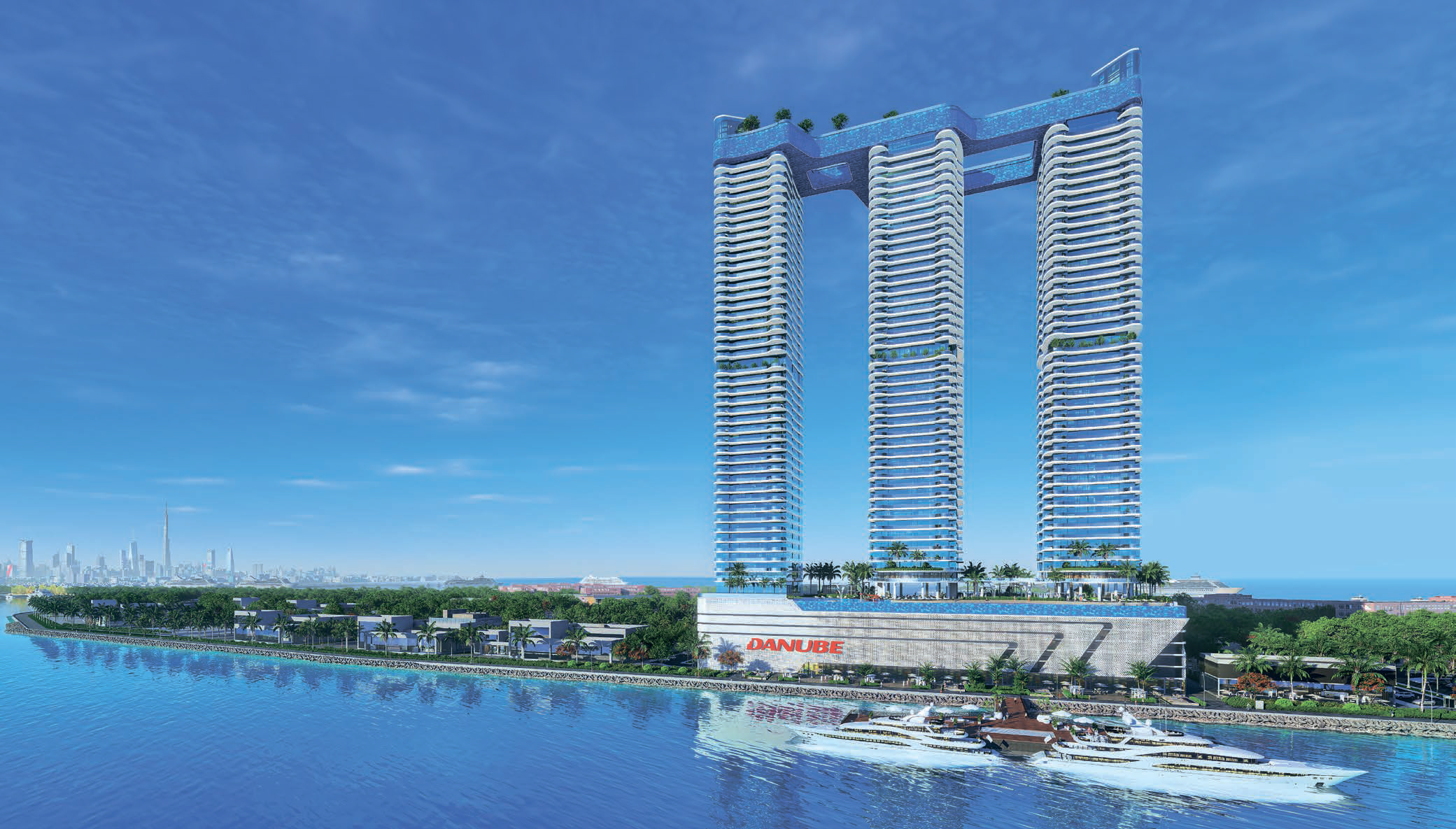 Luxury waterfront architectural rendering of Oceanz 1 by Danube in Dubai Maritime City featuring twin modern towers overlooking the Arabian Gulf marina skyline, highlighting a prime Oceanz 1 Distress Deal investment opportunity