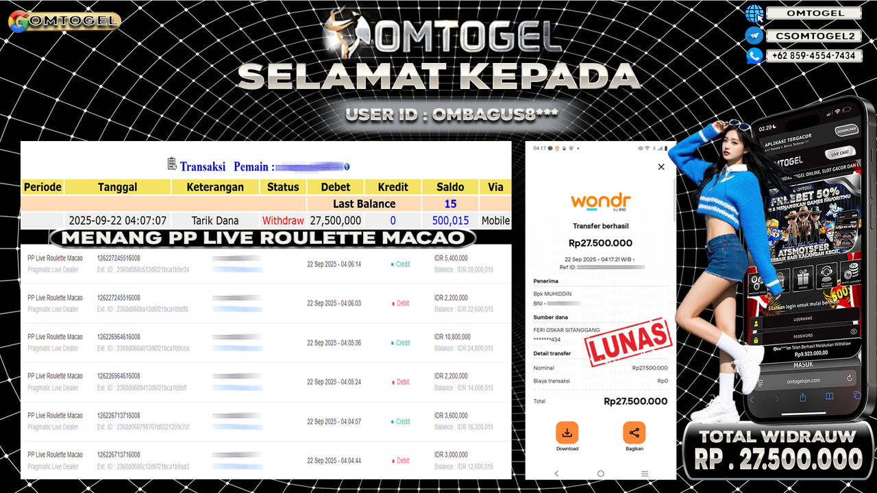 OMTOGEL JACKPOT PRAGMATIC CASINO LIVE ROULETTE MACAO 27 JUTA DI BAYAR LUNAS ,-