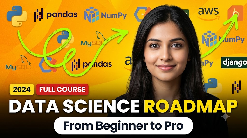 AI-generated example result for the youtube-thumbnail prompt: Data Science Roadmap Thumbnail – From Beginner To Pro Full Course Design AI YouTube Thumbnail Prompt