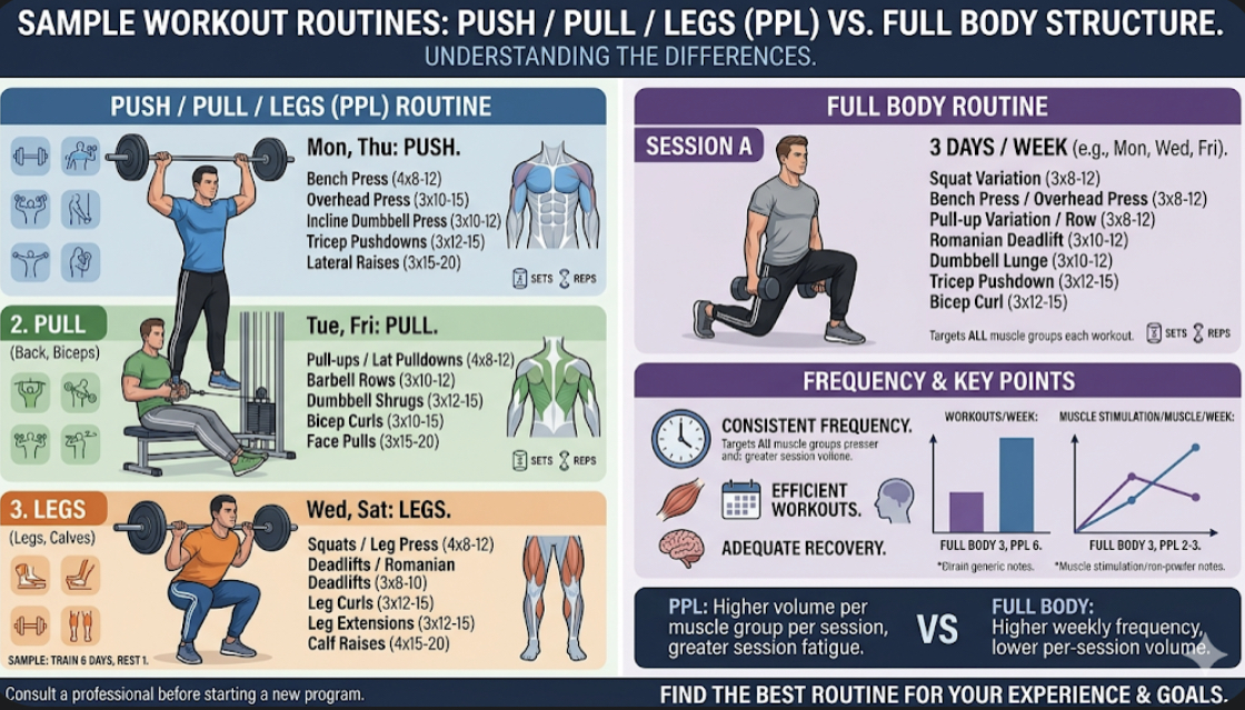 Sample push pull legs workout routine with exercise illustrations, demonstrating PPL vs full body routine structure
