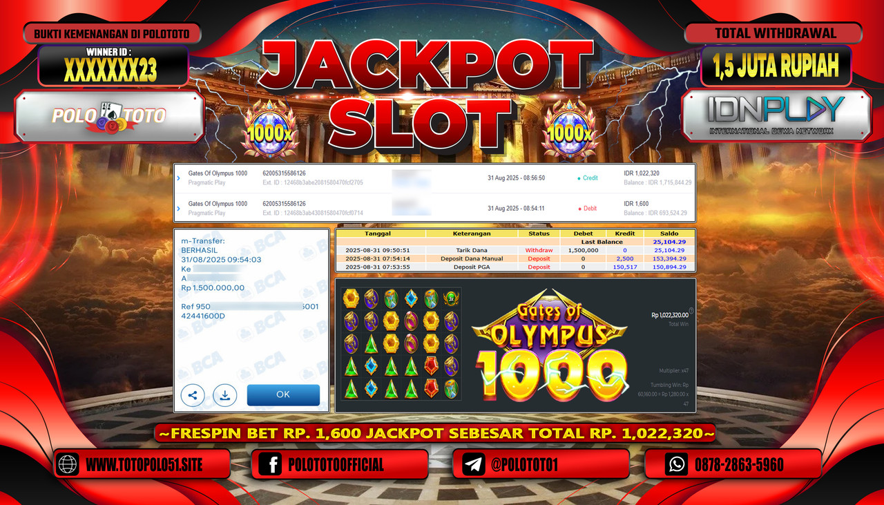 POLOTOTO JACKPOT SLOT GATES OF OLYMPUS 1000 Rp.1.500.000,-LUNAS