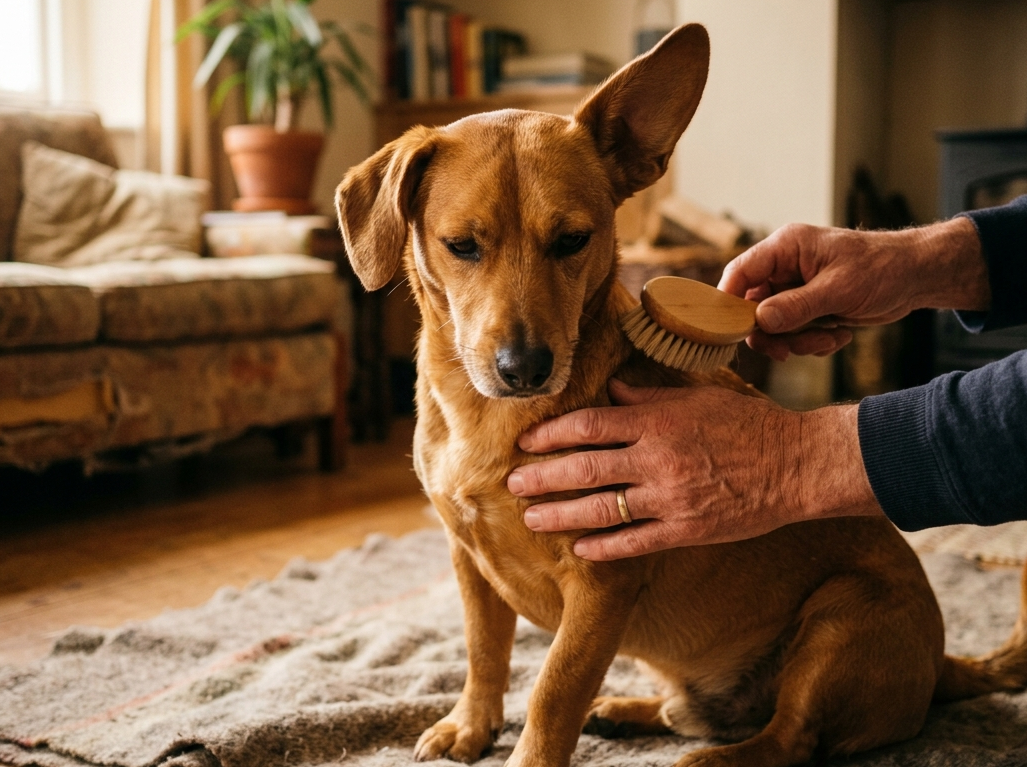 Tutor escovando delicadamente o pelo de um cachorro em casa