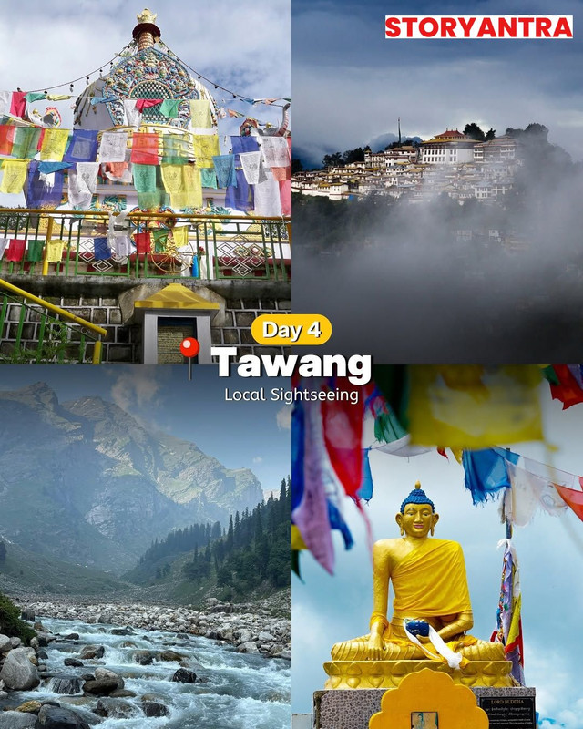 Tawang Monastery with snow-covered mountains and monks in Arunachal Pradesh
