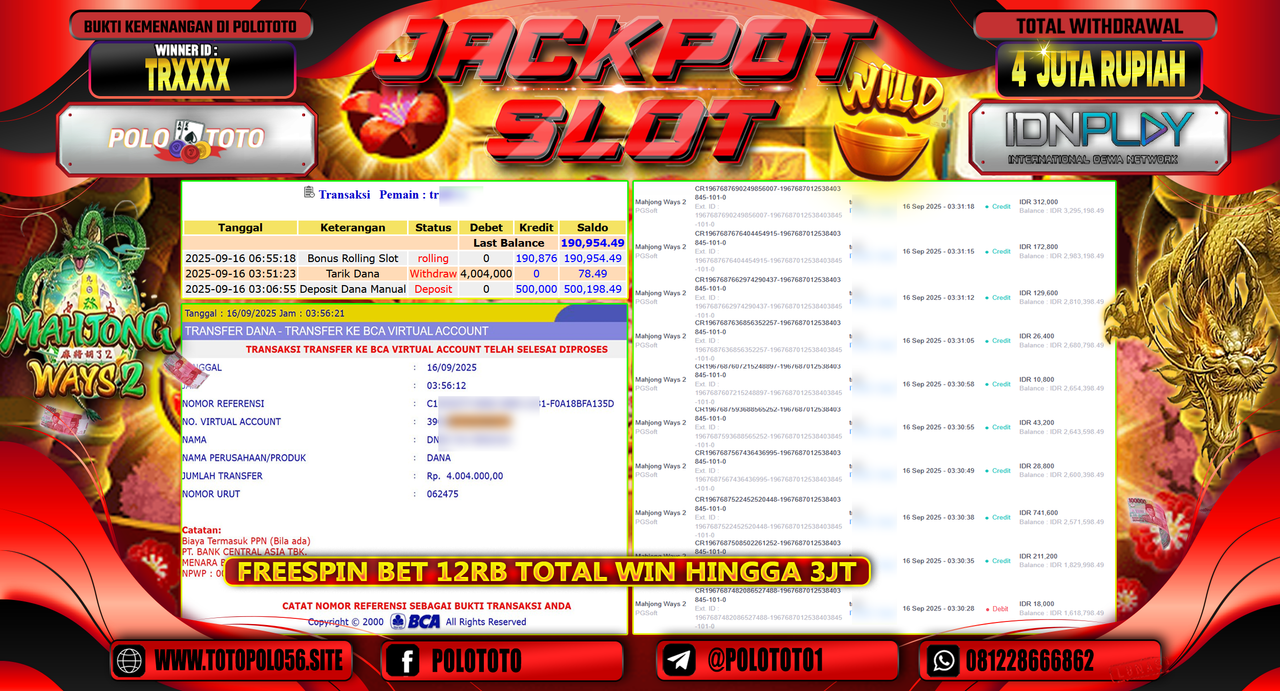 POLOTOTO JACKPOT SLOT MAHJONG WAYS 2 Rp.4.004.000,-