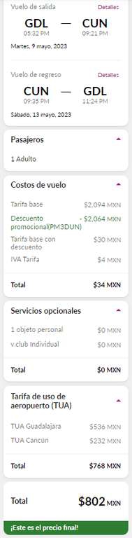 Volaris : Vuelo redondo Guadalajara - Cancun 9 mayo a 13 mayo 
