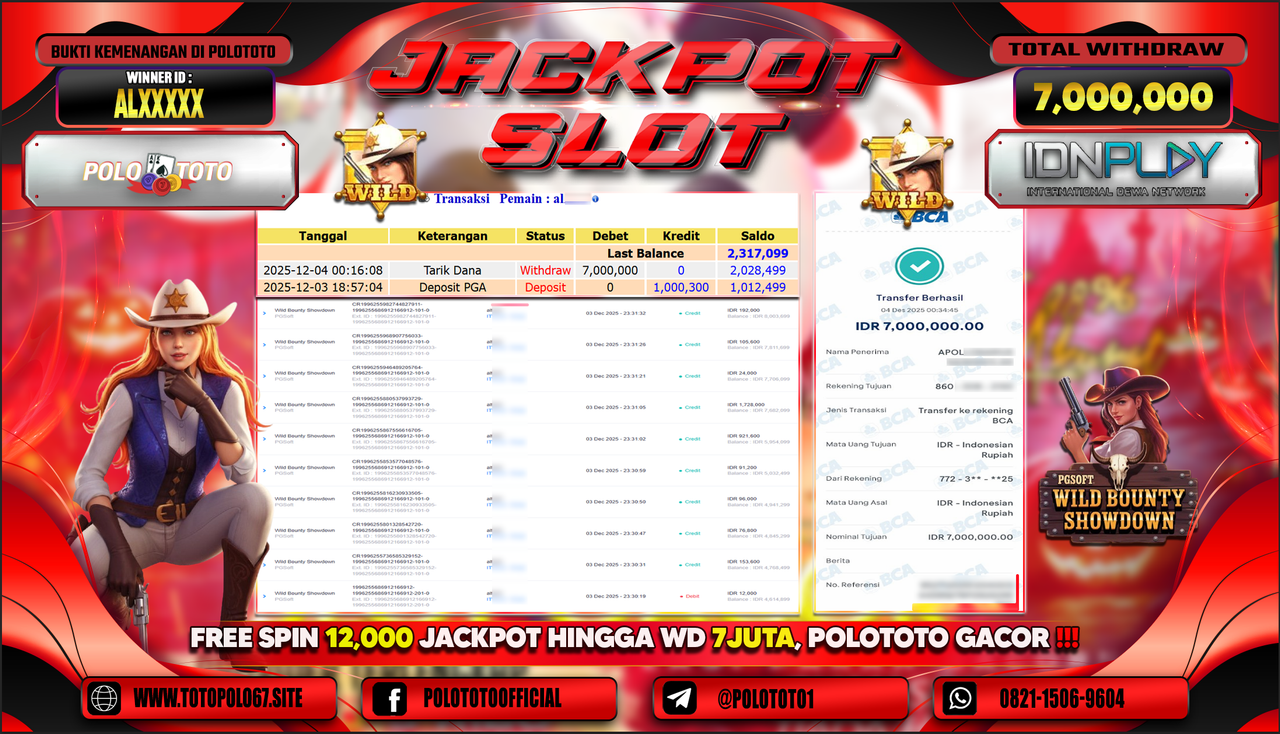 POLOTOTO JACKPOT SLOT WILD BOUNTHY SHOWDOWN Rp.7.000.000,- LUNAS