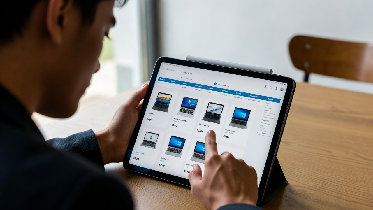 Student comparing laptop specifications and prices on a tablet