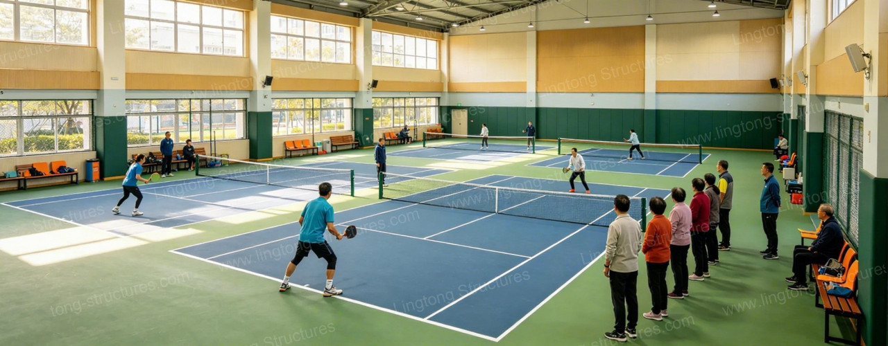 Lingtong Tent aluminum pickleball court tent with clear span interior for multiple court configuration