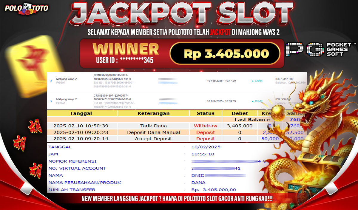 POLOTOTO JACKPOT SLOT MAHJONG WAYS 2 Rp.3.405.000,-