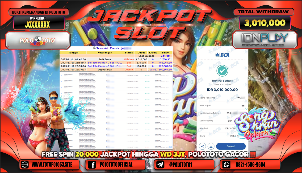 POLOTOTO JACKPOT SLOT SONGKRAN SPLASH Rp.3.010.000,- LUNAS