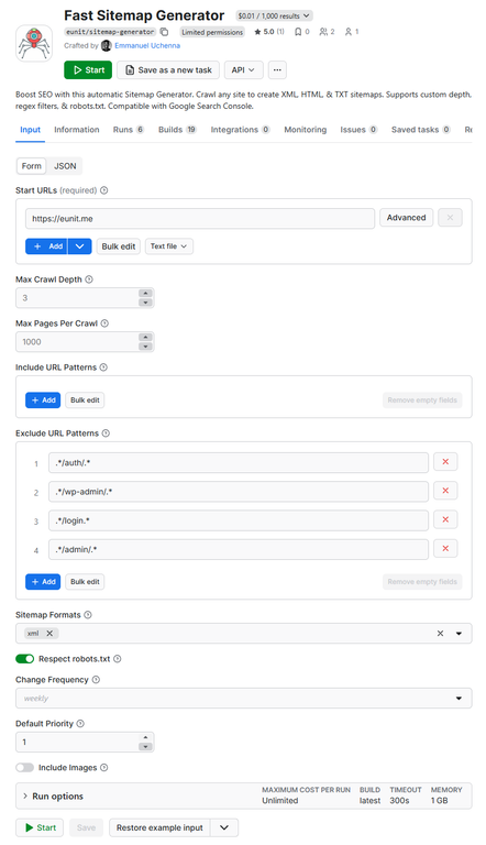 Configuring and running the Fast Sitemap Generator