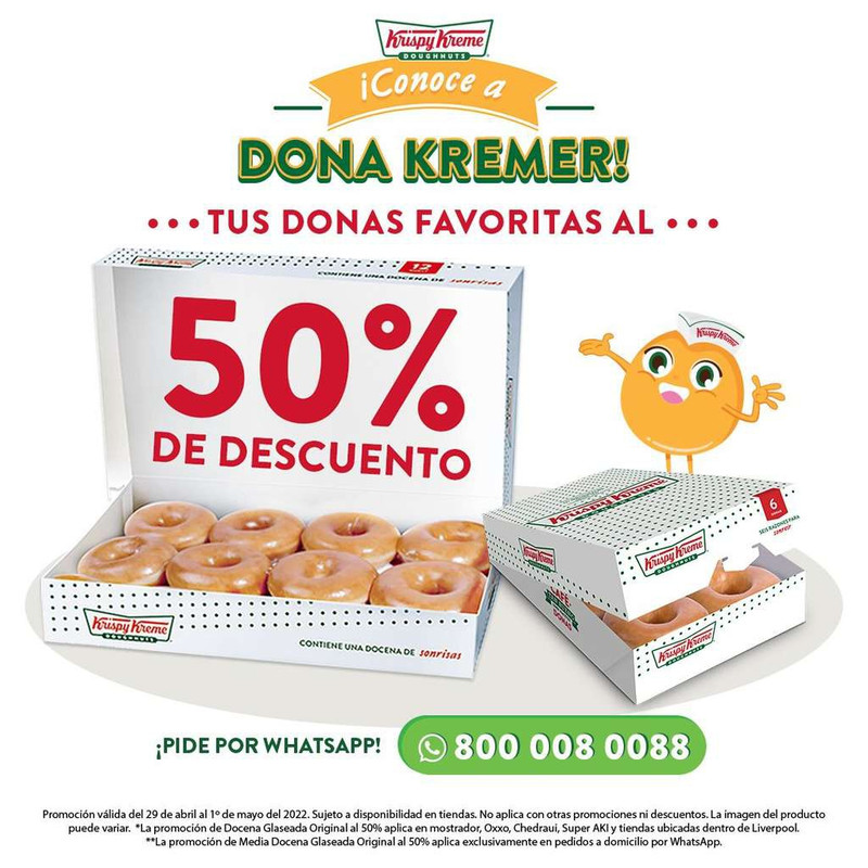 Krispy Kreme Docena glaseadas al 50% de descuento y media docena por WhatsApp al 50% de descuento 