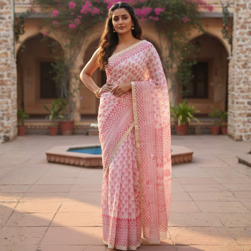 Handblock Printed Kota Doriya Saree | Sheer, Lightweight & Gracefully Textured Design - 9