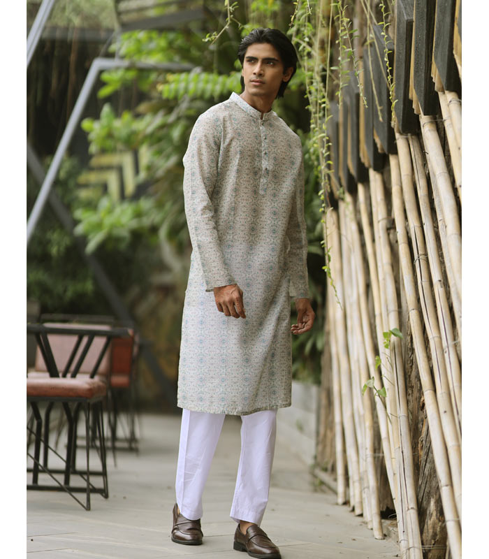 Men’s Exclusive Off White & Green Panjabi  For EID