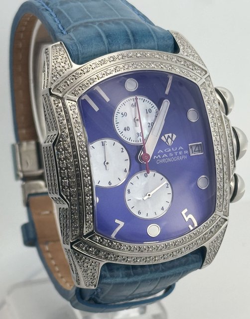 Aqua Master Men's Blue Dial Full Diamond Case Leather Band Watch