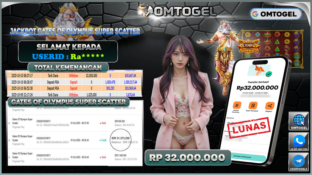 OMTOGEL JACKPOT PRAGMATIC PLAY GATES OF OLYMPUS SUPER SCATTER 32 JUTA DI BAYAR LUNAS ,-