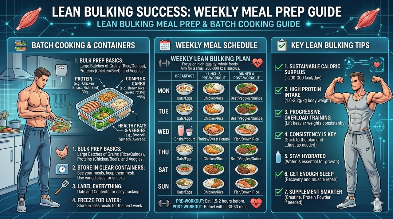 Meal prep guide showing batch cooking containers and weekly schedule for how to lean bulk successfully
