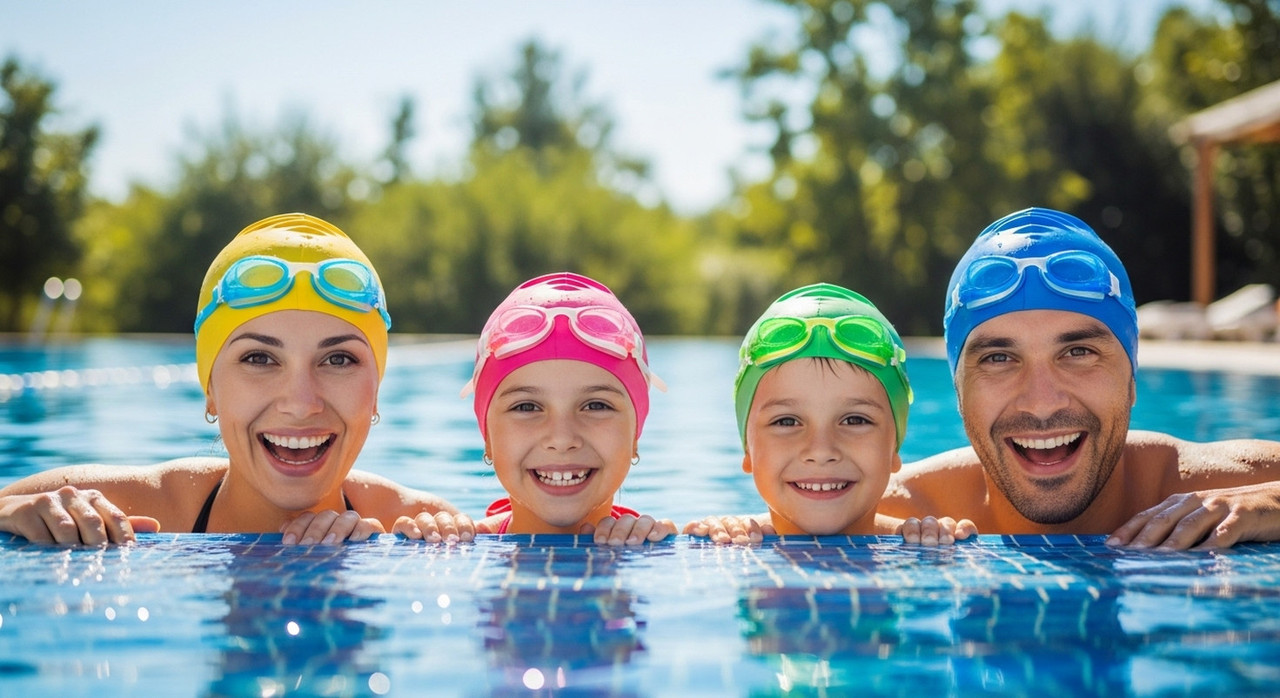 Семья в шапочках для плавания готова к занятиям в бассейне