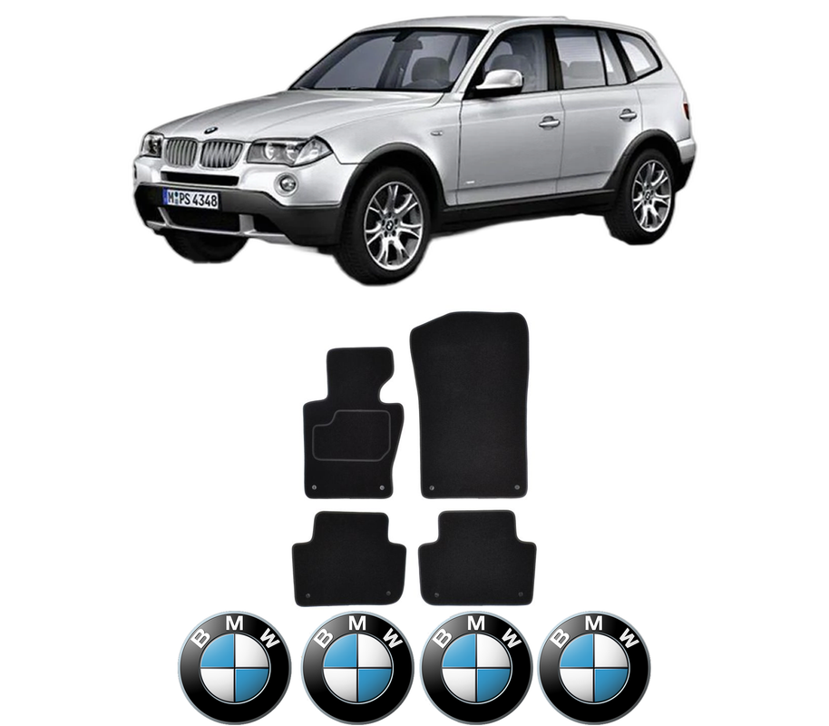 Set Covorase Presuri BMW Seria X3 (E83) din 2003-2011, Auto, Material Textil Mocheta, 4 Stickere auto cu BMW