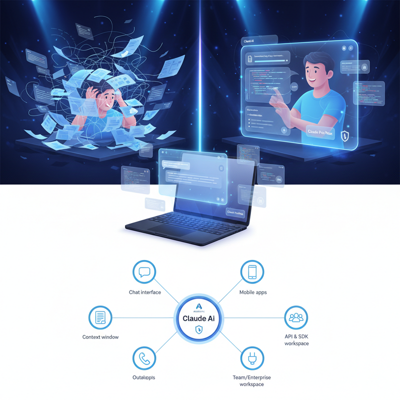 Infographic showing Claude AI ecosystem and core features