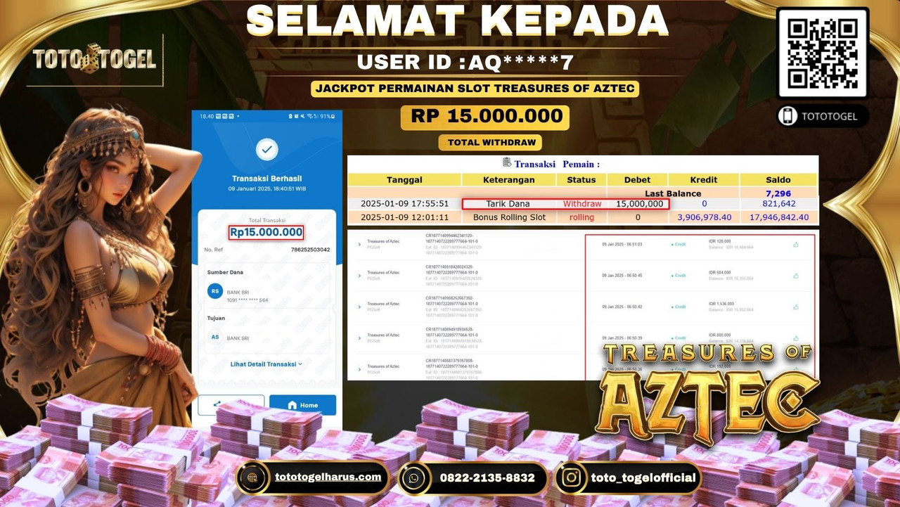 Bukti Pembayaran Jackpot  Permainan Slot Treasures of Aztec  : AQ*****7 LUNAS