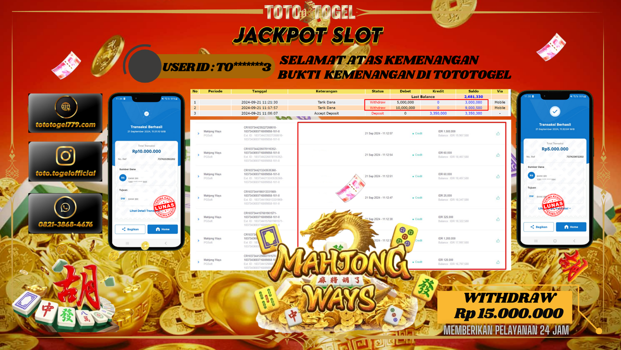 Bukti Kemenangan Permainan Slot Mahjong Ways Dengan ID : TO*****3 Terbayar Lunas!!