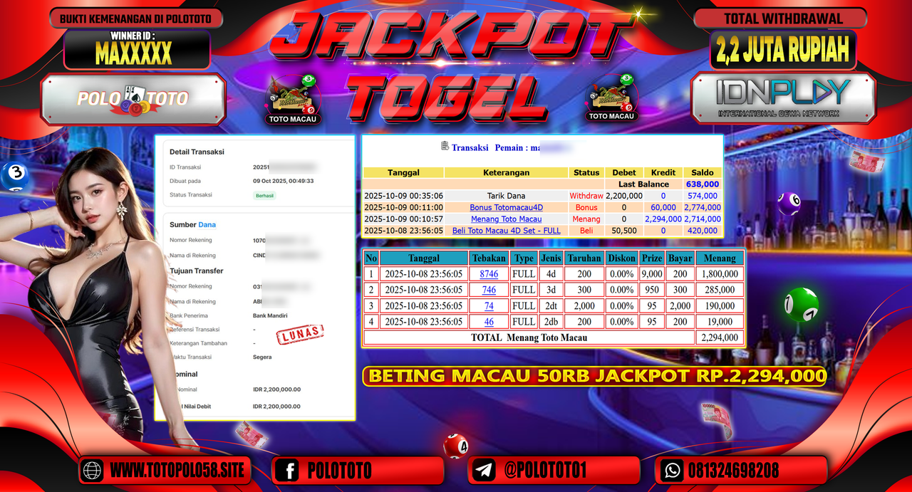 POLOTOTO JACKPOT TOGEL MENANG TOTO MACAU Rp.2.200.000,- LUNAS