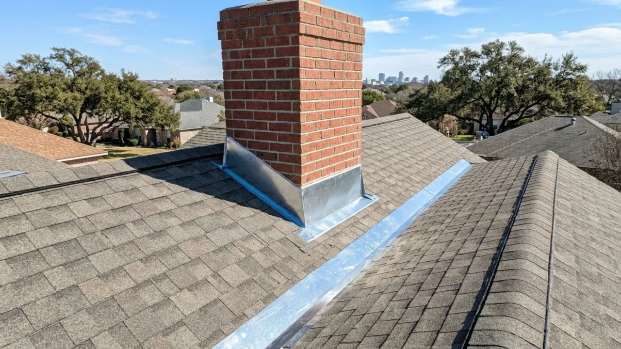 New roof flashing installed around a chimney and valley on a San Antonio roof