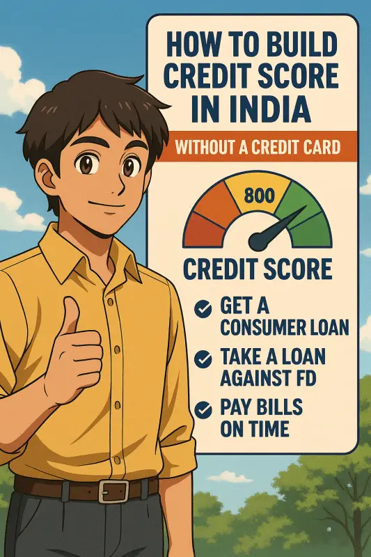 Anime-style Indian man giving thumbs-up in front of credit score tips board.