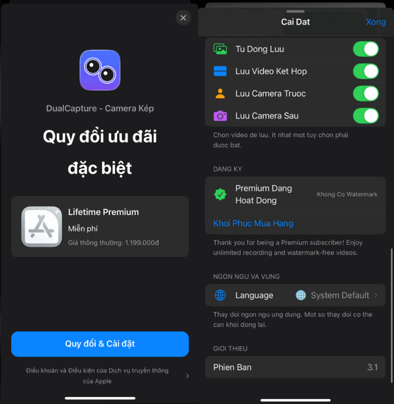 Màn hình redeem ưu đãi miễn phí DualCapture Lifetime