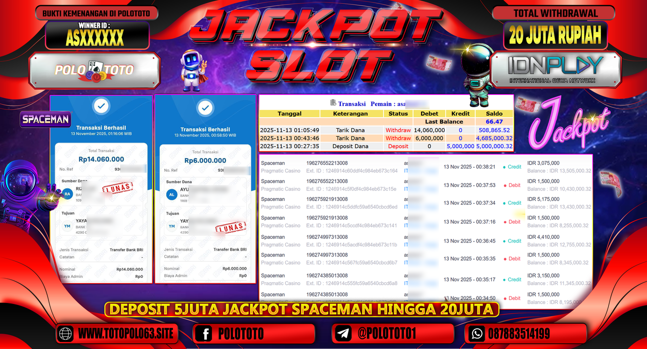 POLOTOTO JACKPOT SLOT SPACEMAN Rp.20.000.000,- LUNAS