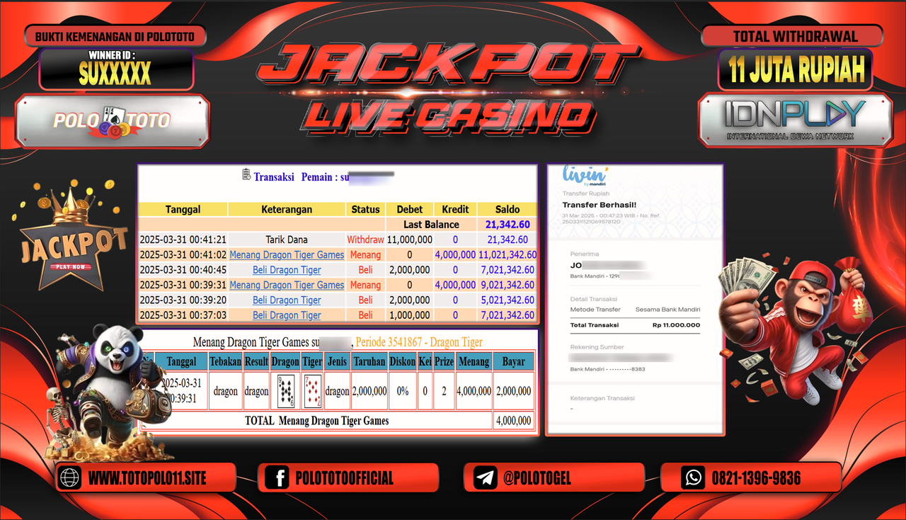 POLOTOTO JACKPOT LIVE CASINO DRAGON TIGER Rp.11.000.000,- LUNAS