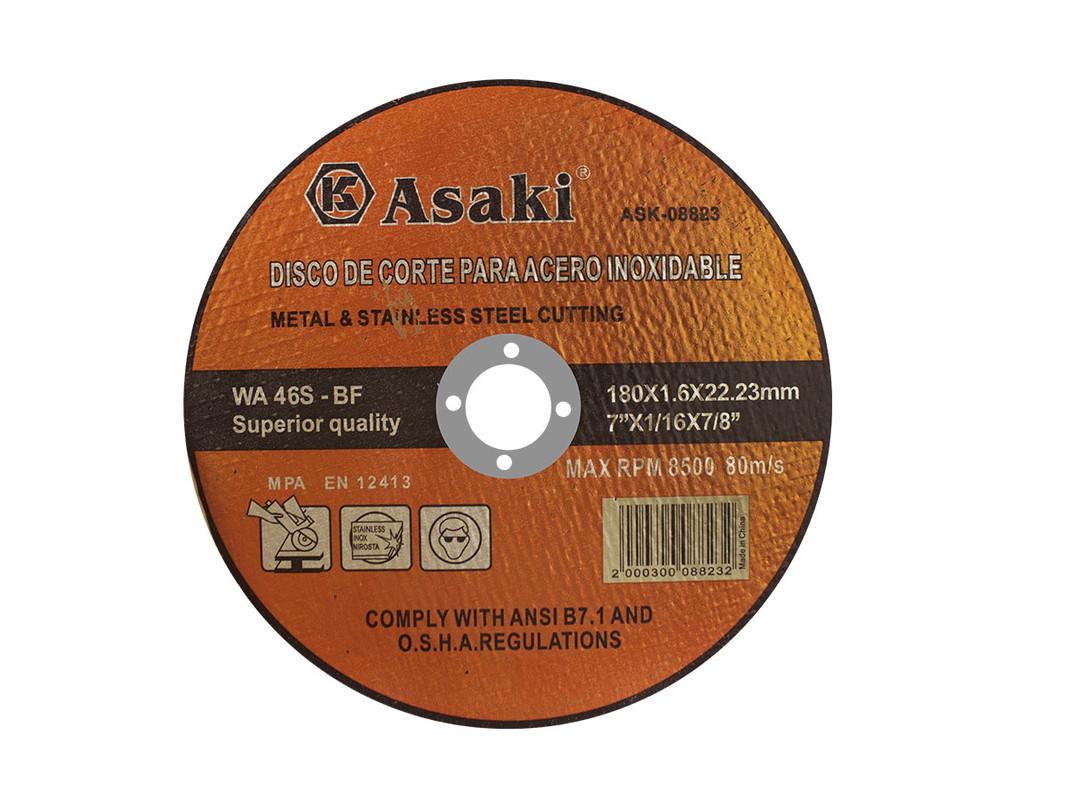 DISCO DE CORTE PARA ACERO INOXIDABLE 180X1.6X22.23MM ASAKI
