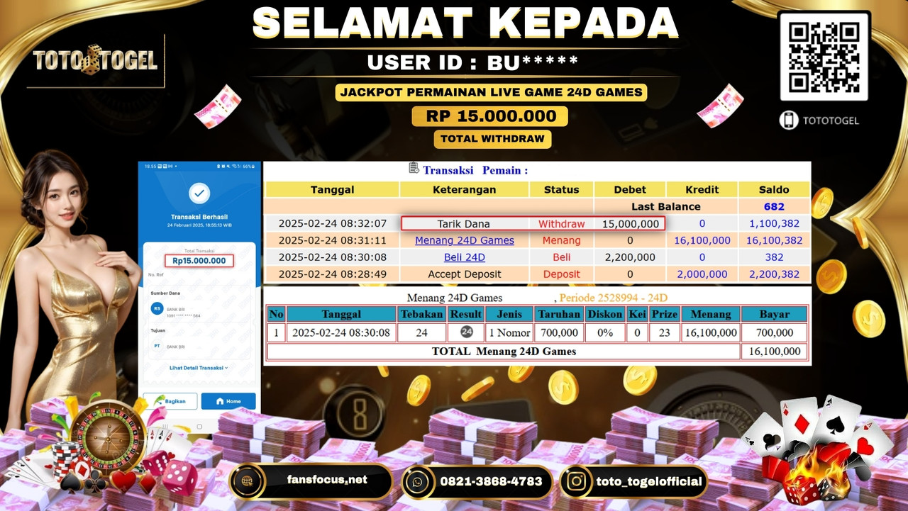Bukti Pembayaran Jackpot  Permainan Live Game 24D Games  ID:BU***** LUNAS