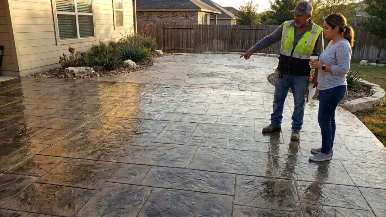 Completed stamped concrete patio in San Antonio backyard  slate-pattern finish with contrasting color release and sealed surface on a residential slab