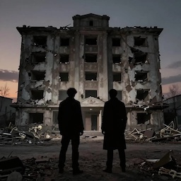 Two shadowy figures looking at the burned-out Grand Azure Hotel 