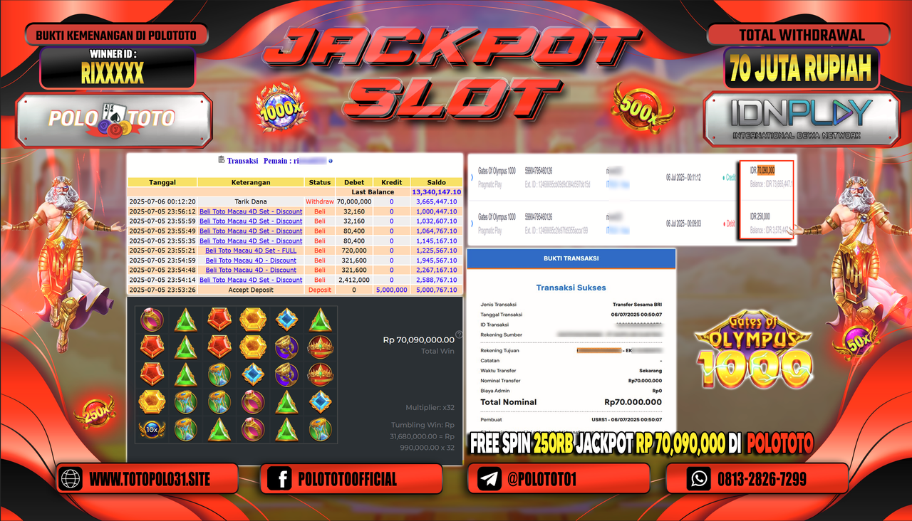 POLOTOTO JACKPOT SLOT GATES OF OLYMPUS 1000 Rp.70.000.000,-