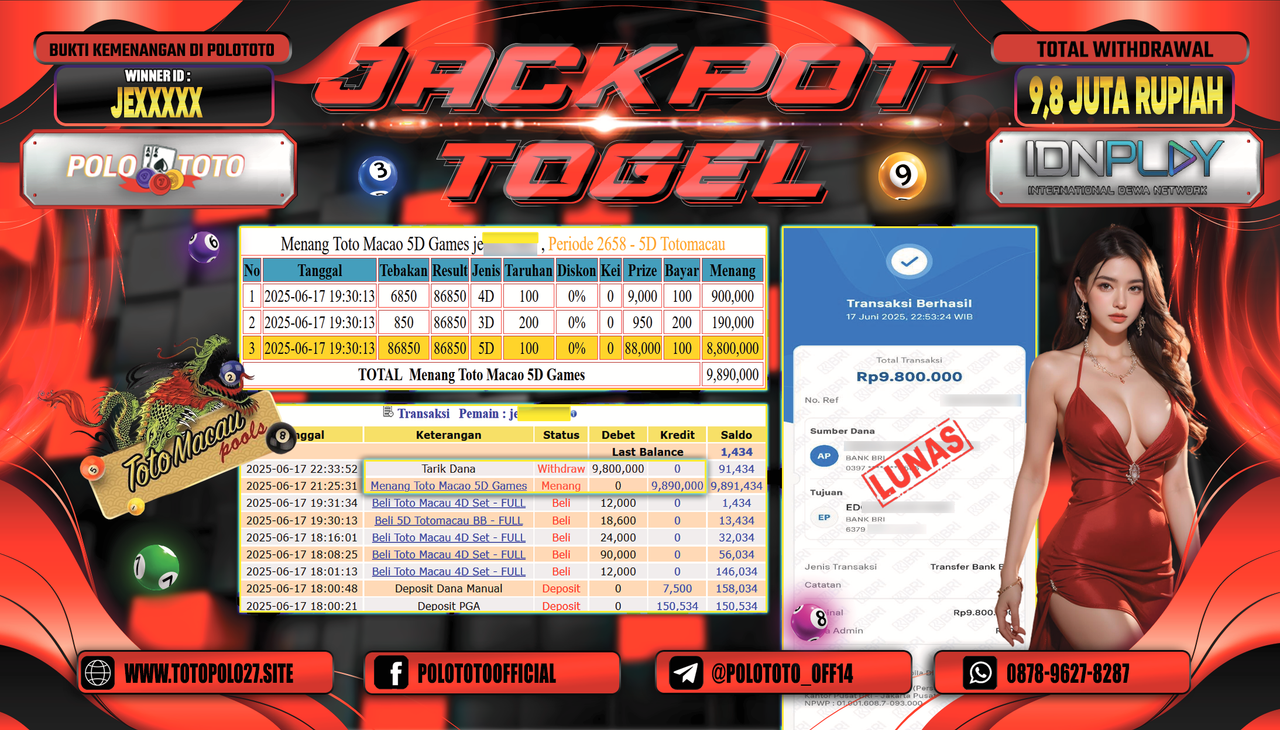 POLOTOTO JACKPOT TOGEL TOTO MACAU Rp.9.800.000,-