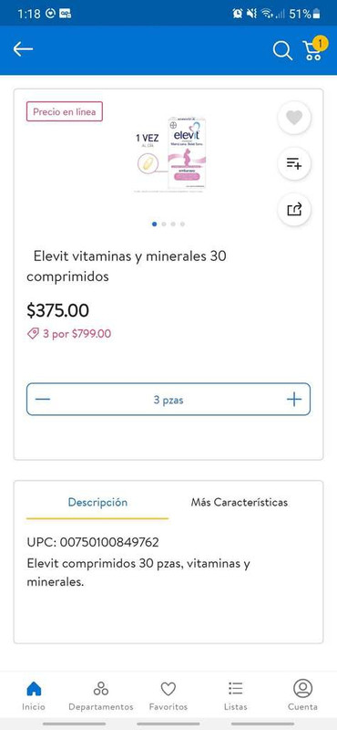 Walmart: Elevit Vitaminas 3 x $799 queda en $266 c/u 
