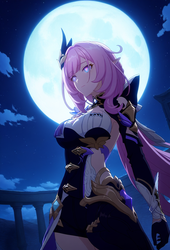 1girl, elysia (honkai impact), shiny skin, glowing hair, small breasts, night, s s-2662533456