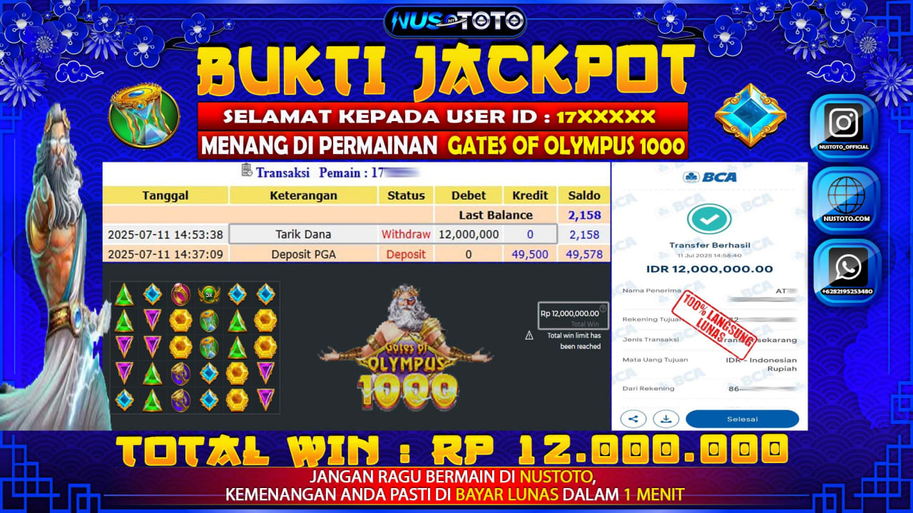 JACKPOT !! MENANG BESAR DI SLOT GATES OF OLYMPUS 1000 Rp. 12.000.000 LANGSUNG DI BAYAR LUNAS NUSTOTO !!