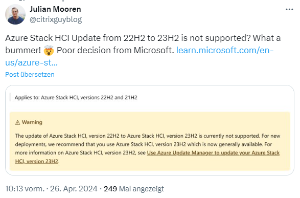 Azure Stack HCI Update von 22H2 auf 23H2 nicht supported